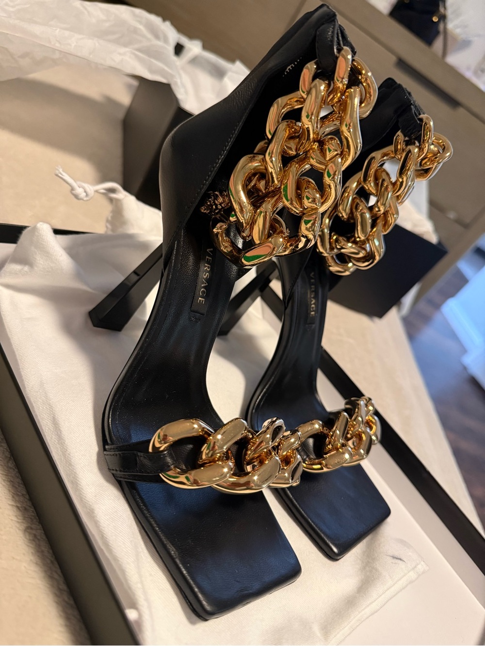 Versace Black Leather High Heel Sandals with Gold Chain